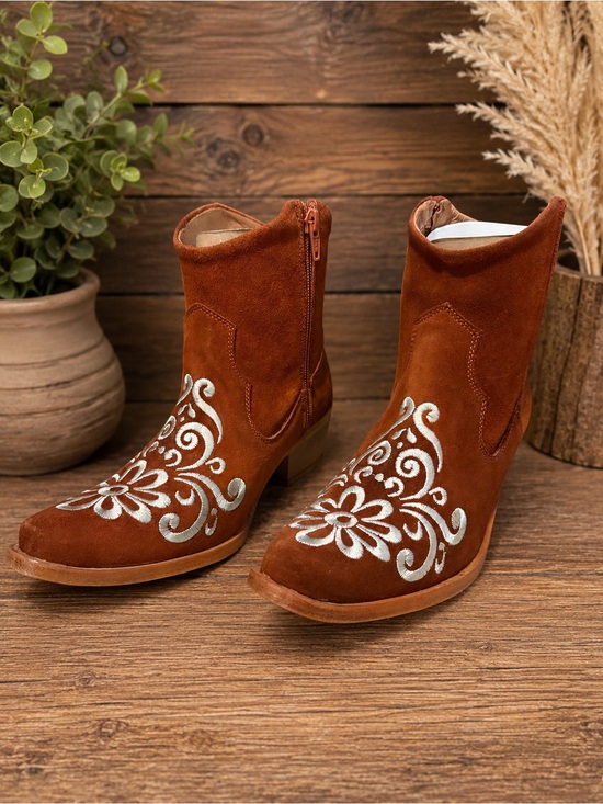 Agave Sky Shoes - Agave Sky Women's Cowgirl Brown Suede Ankle Boots with Creme Embroidery